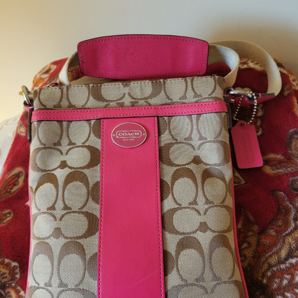Coach Pink and Tan Crossbody Bag with Signature Monogram - Picture 8 of 9